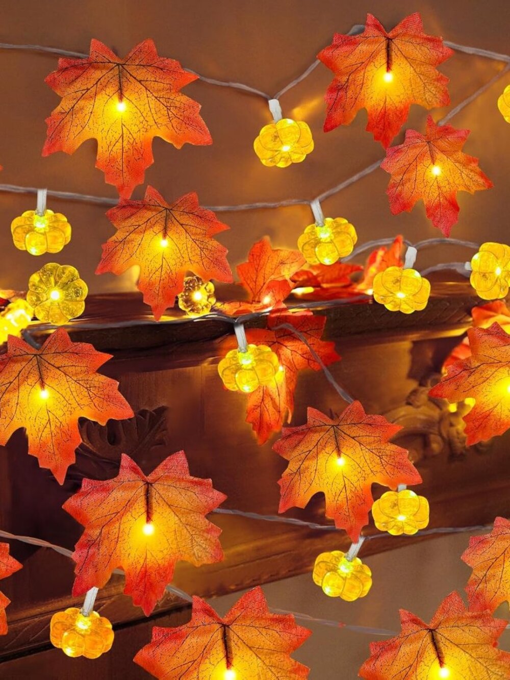 Timer - 2 Pack Fall Decor Fall Garland with Pumpkin Lights Battery Operated